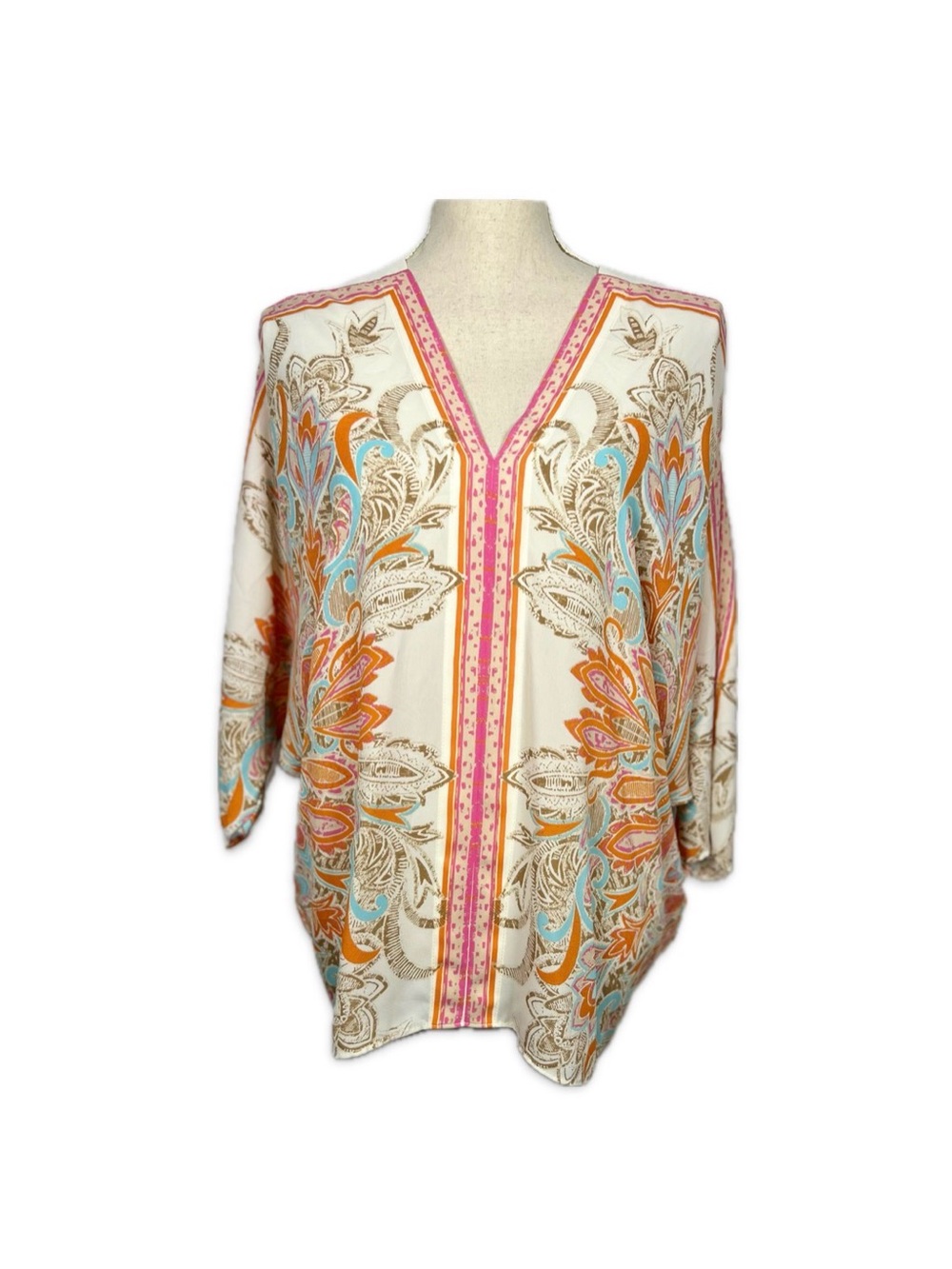 Rose & Olive Cream V-Neck Blouse Pink, Orange & Blue Floral Print Size Small
